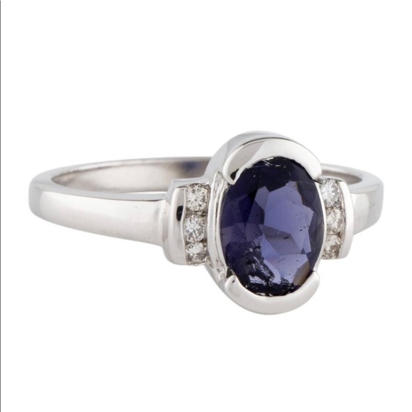 Brand New $858 Iolite and Diamond 14k White Gold Cocktail Ring Authentic Violet - Picture 1 of 12